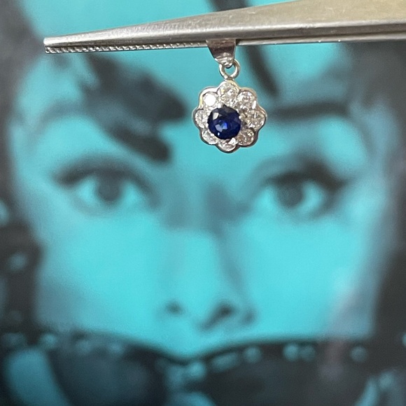 Floral/Halo Blue Sapphire & Diamond Pendant - Picture 1 of 10